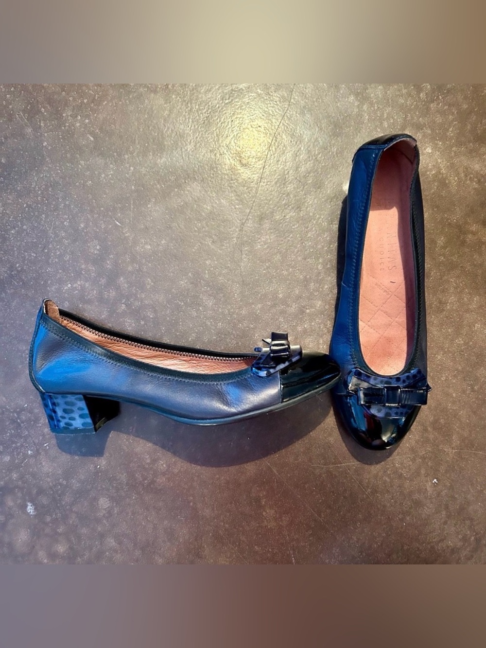 Hispanitas- size 40 heeled ballet flats, bow and blue leopard print, real leathe